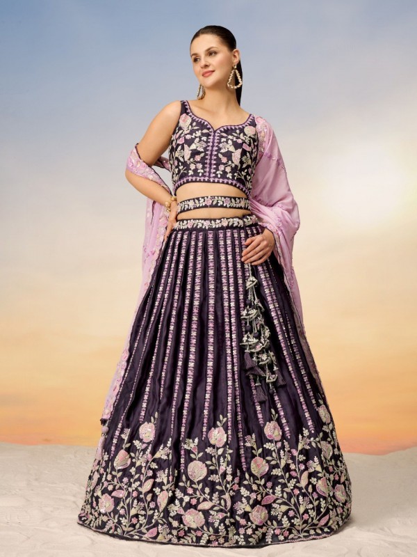 Pure Satin Silk Lehenga In Burgundy Color With Embroidery Work & Sequence Work  