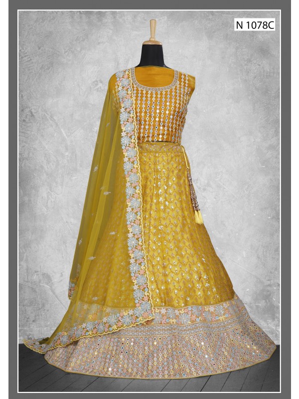 Soft Premium Net  Wedding  Wear Lehenga In Yellow Color  With Embroidery Work