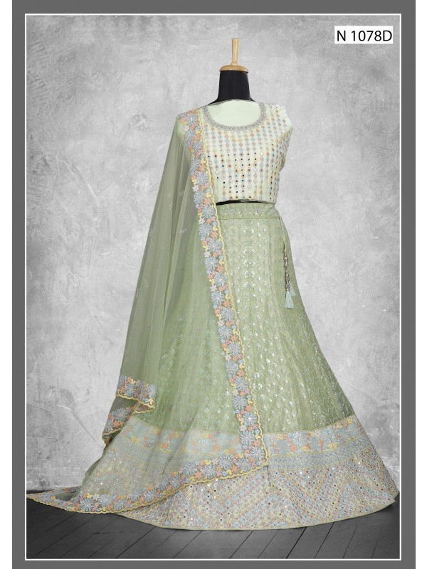 Soft Premium Net  Wedding  Wear Lehenga In Green Color  With Embroidery Work
