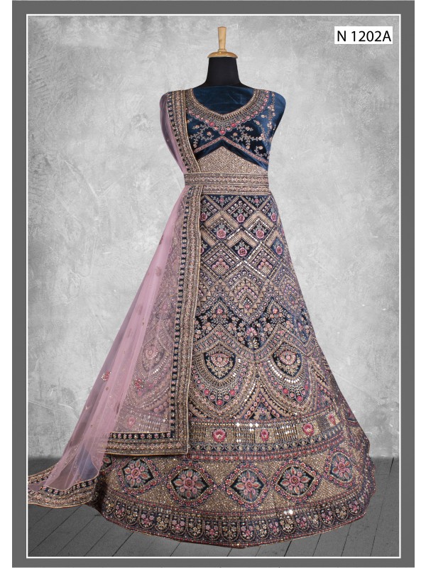 Pure Micro Velvet Bridal  Wear Lehenga In Blue Color With Embroidery Work 