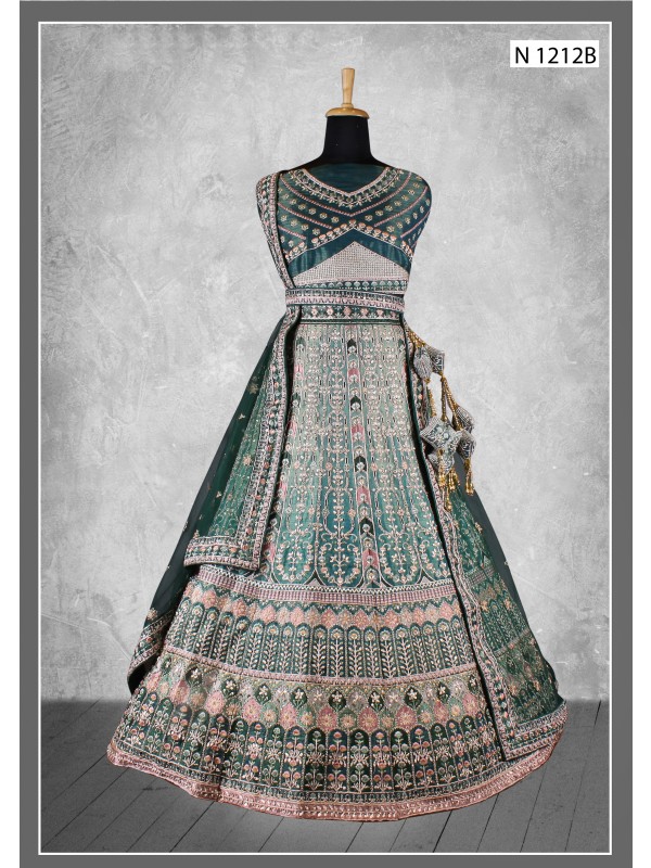 Pure Micro Velvet Bridal  Wear Lehenga In Teal Green Color With Embroidery Work 