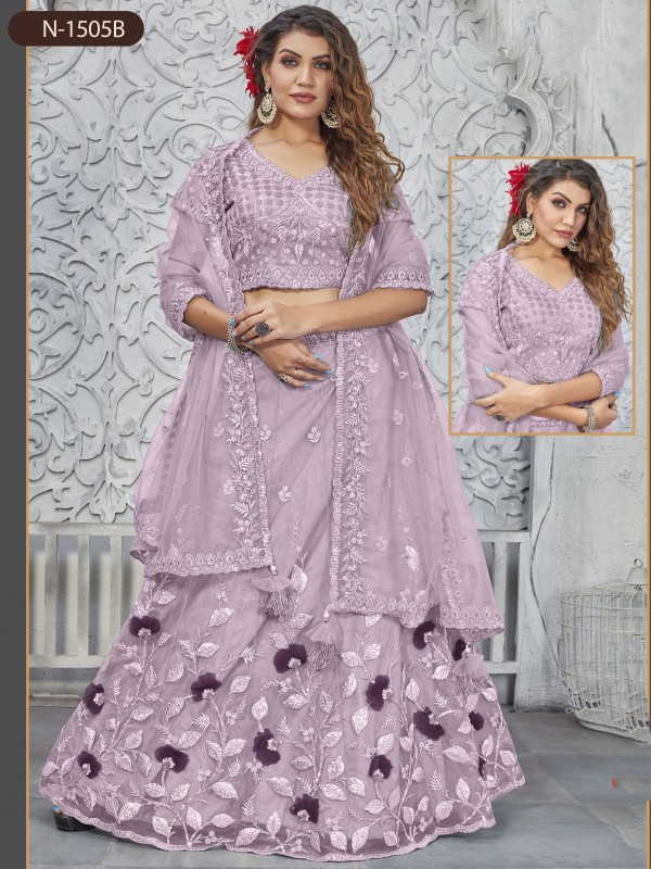 Soft Premium Net Fabrics Party Wear Lehenga in Purple Color With Embroidery Work 