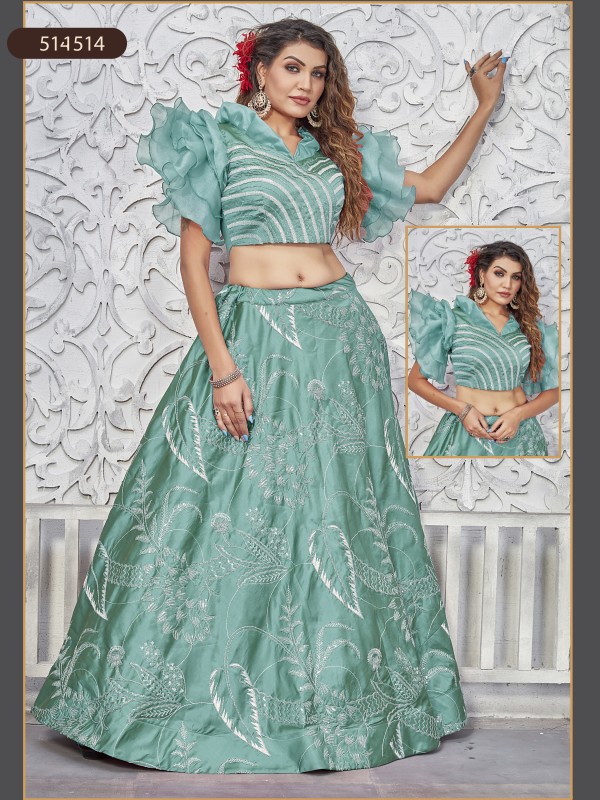 Dual Tone Silk Fabrics Party Wear Lehenga in Turquoise Color With Embroidery Work 