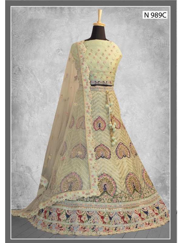 Georgette  Wedding  Wear Lehenga In Green Color  With Embroidery Work
