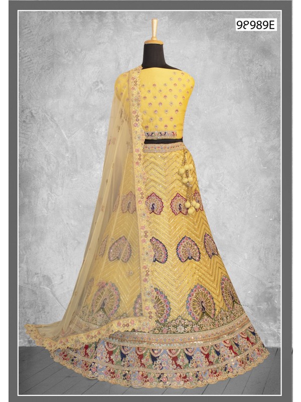 Georgette  Wedding  Wear Lehenga In Yellow Color  With Embroidery Work