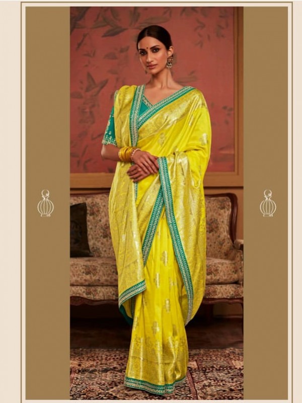 Pure Dola Silk Party Wear Saree In Yellow Color With Embroidery Work 