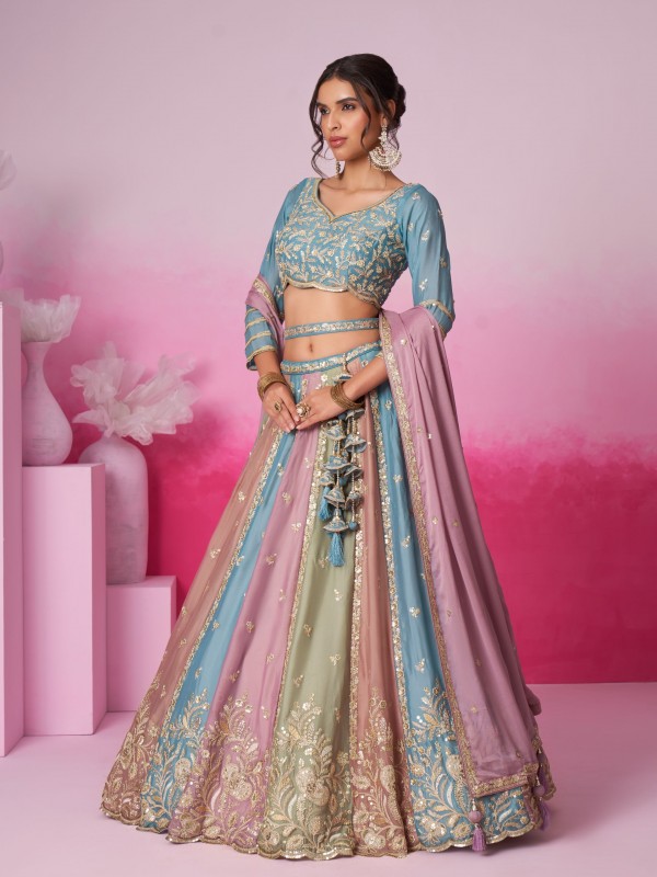 Pure Chiffon Lehenga In Turquoise Blue Color Lehenga With Embroidery Work & Sequence Work  