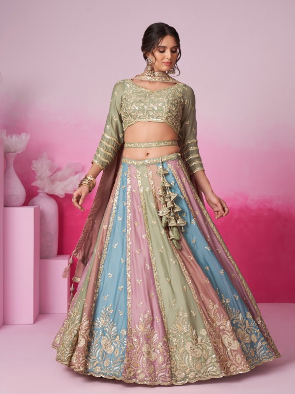 Pure Chiffon Lehenga In Lime Green Color Lehenga With Embroidery Work & Sequence Work  