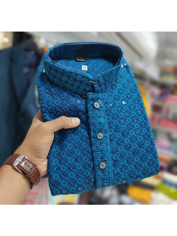 Rayon Silk Readymade Kurta set in with Blue Color Lucknowi with Sequence