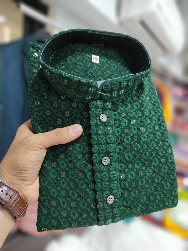 Rayon Silk Readymade Kurta set in with Green Color Lucknowi with Sequence