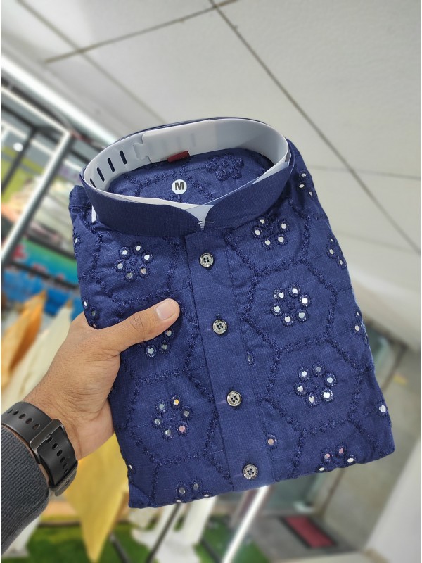 Soft Cotton Readymade Kurta set in with Blue Color Embroidery with Sequence