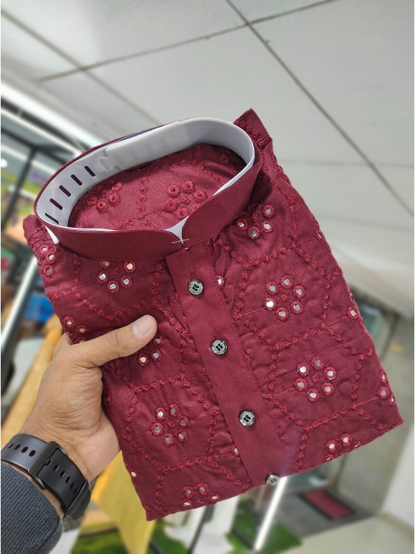 Soft Cotton Readymade Kurta set in with Maroon Color Embroidery with Sequence