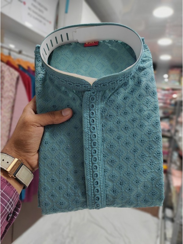 Soft Cotton Readymade Kurta set in with Turquoise Color Embroidery with Sequence Work 