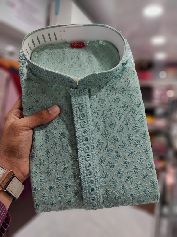 Soft Cotton Readymade Kurta set in with Lime Green Color Embroidery with Sequence Work 