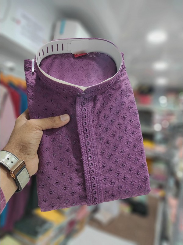 Soft Cotton Readymade Kurta set in with Lavender Color Embroidery with Sequence Work 