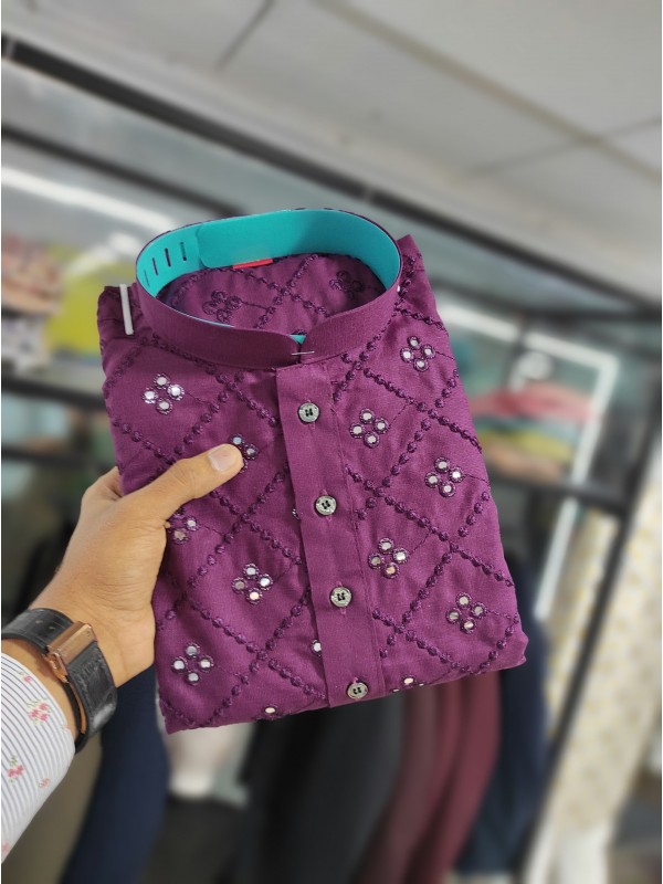 Soft Cotton Readymade Kurta set in with Purple Color Embroidery with Mirror Work 