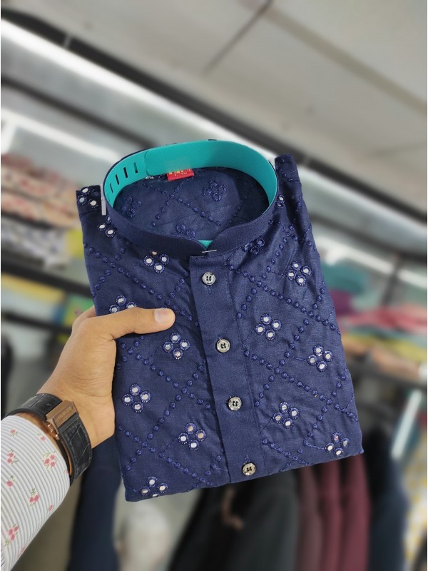 Soft Cotton Readymade Kurta set in with Navy Blue Color Embroidery with Mirror Work 