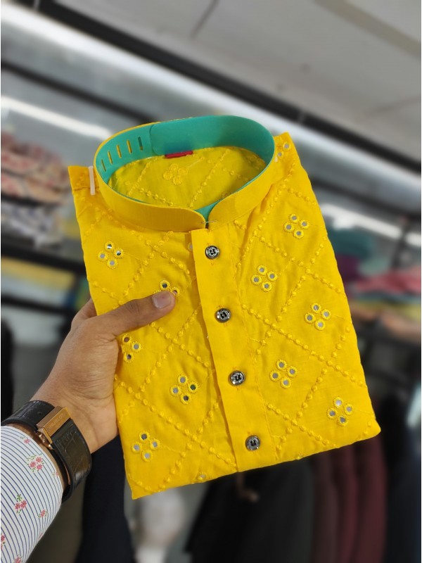 Soft Cotton Readymade Kurta set in with Yellow Color Embroidery with Mirror Work 