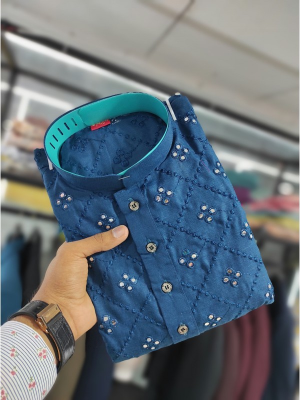 Soft Cotton Readymade Kurta set in with Blue Color Embroidery with Mirror Work 