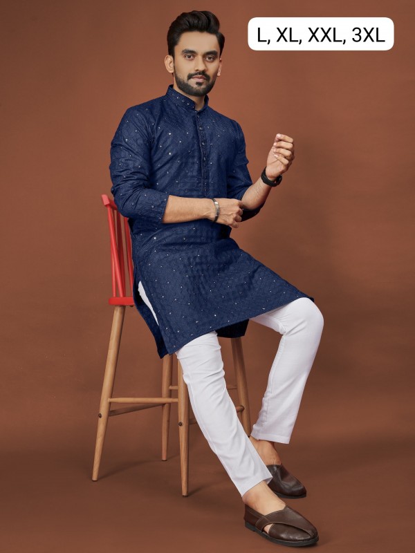 Soft Cotton Readymade Kurta set in with Blue Color Embroidery with Sequence Work 
