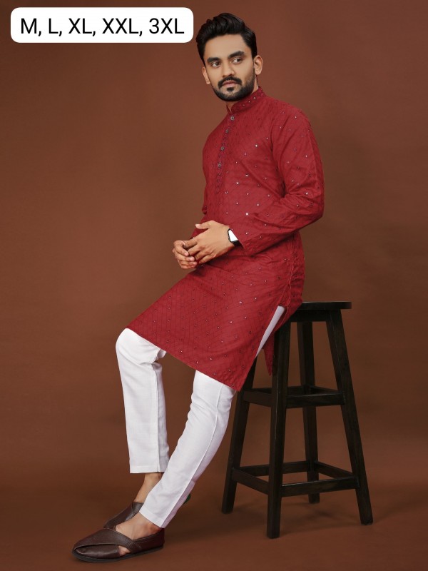 Soft Cotton Readymade Kurta set in with Red Color Embroidery with Sequence Work 