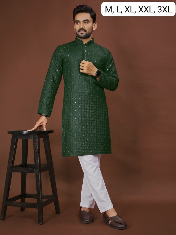 Soft Cotton Readymade Kurta set in with Green Color Embroidery with Sequence Work 