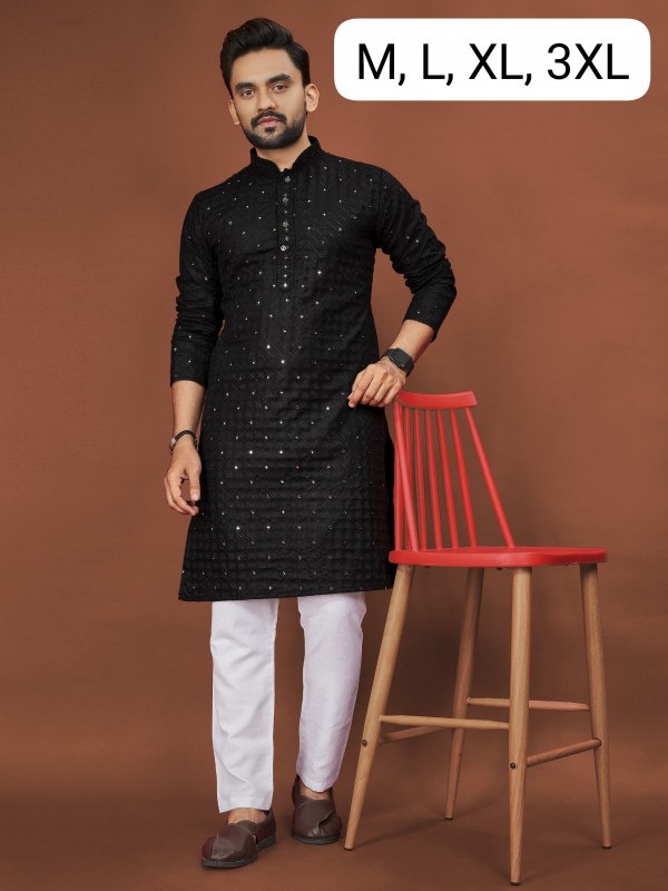 Soft Cotton Readymade Kurta set in with Black Color Embroidery with Sequence Work 