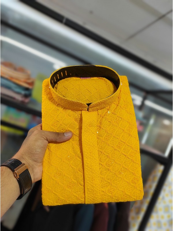 Soft Royan Readymade Kurta set in with Yellow Color With Chicken Embroidery