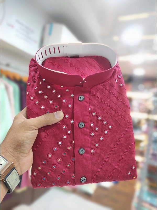 Soft Cotton Readymade Kurta set in with Pink Color Embroidery with Mirror Work 