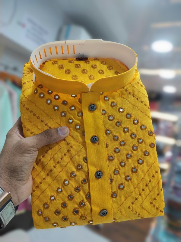 Soft Cotton Readymade Kurta set in with Yellow Color Embroidery with Mirror Work 