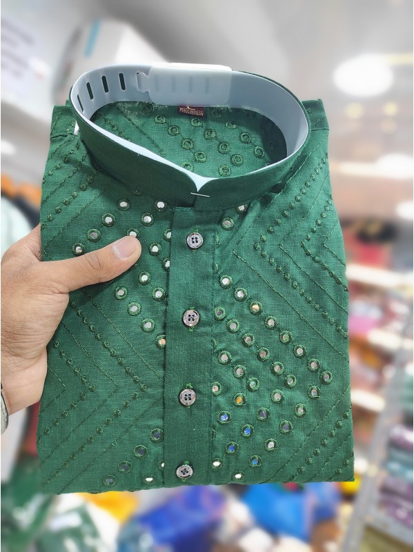 Soft Cotton Readymade Kurta set in with Green Color Embroidery with Mirror Work 