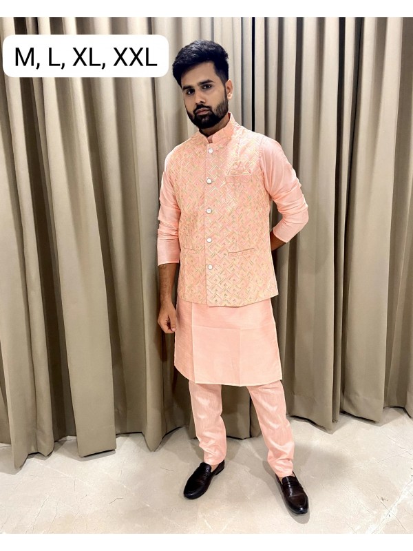 Premium Silk Readymade Kurta set in with Peach Color Embroidery with Sequence Work 