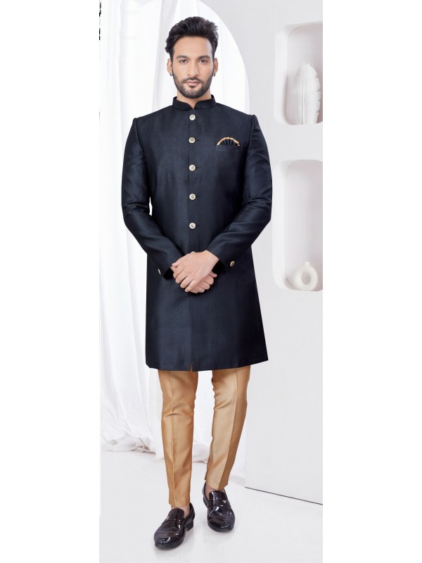 Jacquard IndoWestern Ready Made Dress in Black Color  