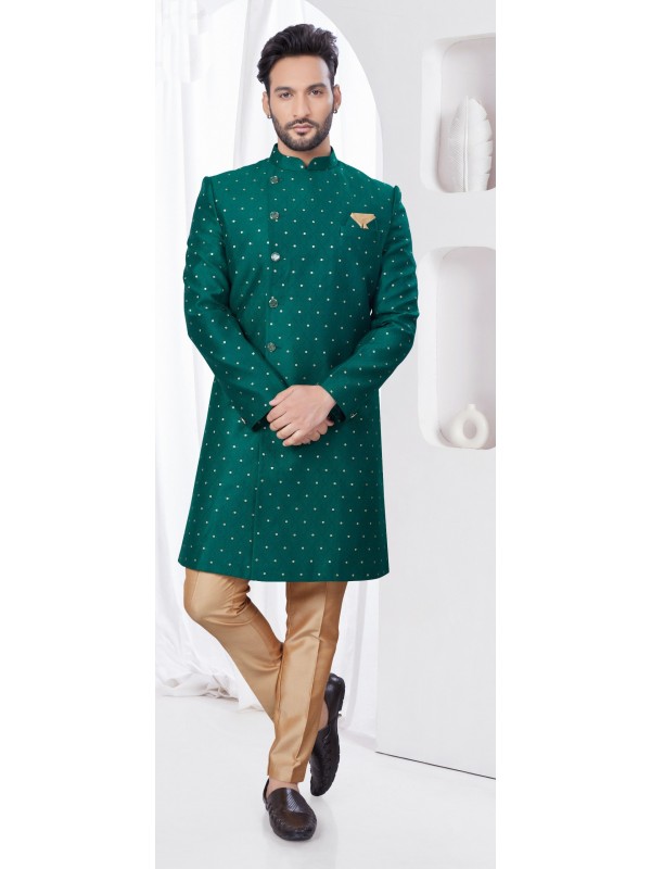 Jacquard IndoWestern Ready Made Dress in Green Color  