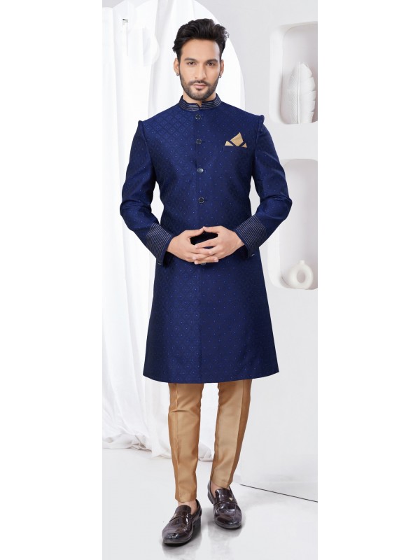 Jacquard IndoWestern Ready Made Dress in Navy Blue Color  