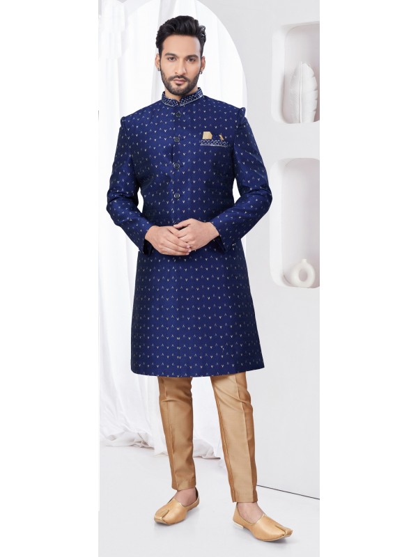 Jacquard IndoWestern Ready Made Dress in Navy Blue Color  