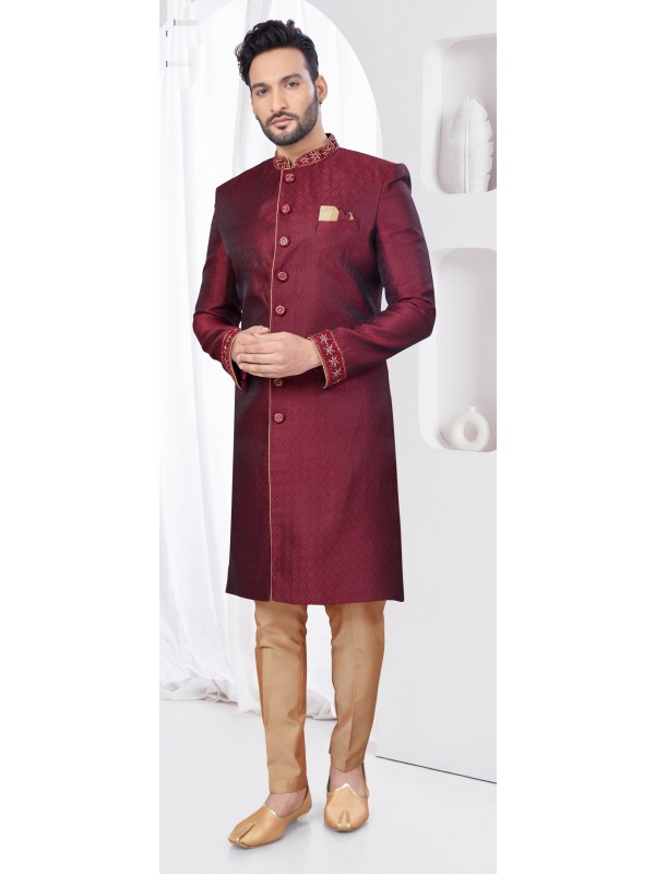 Jacquard IndoWestern Ready Made Dress in Maroon Color  