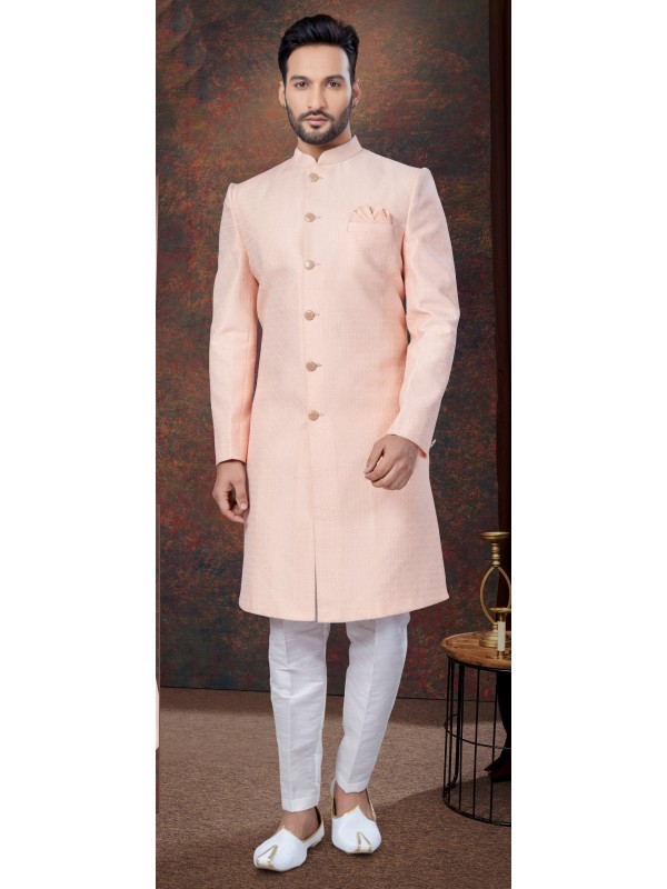 Jacquard IndoWestern Ready Made Dress in Peach Color  