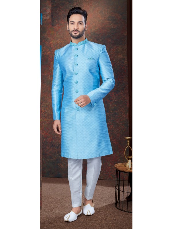 Jacquard IndoWestern Ready Made Dress in Sky Blue Color  