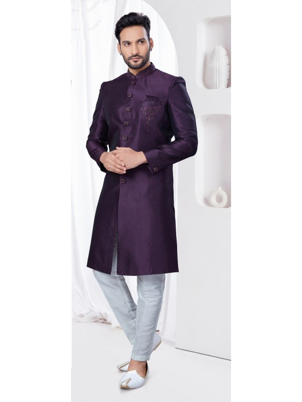 Jacquard IndoWestern Ready Made Dress in Wine Color  