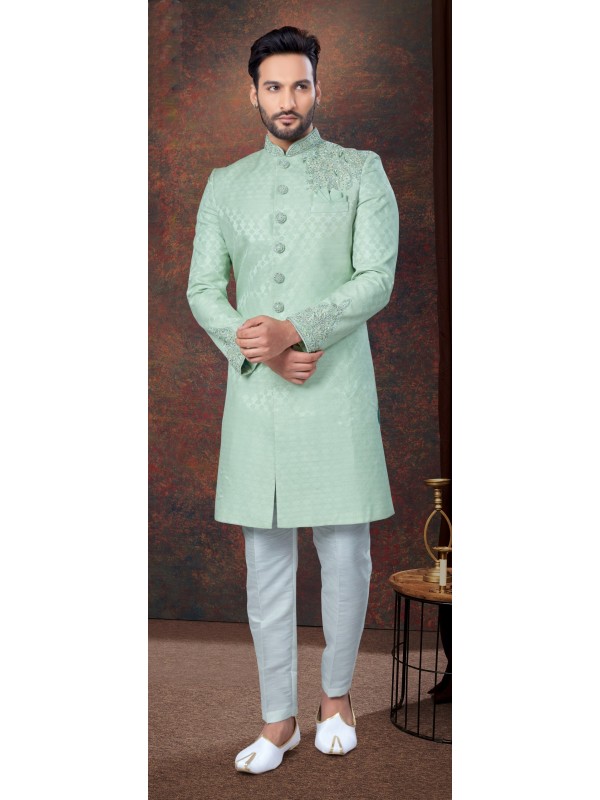 Jacquard IndoWestern Ready Made Dress in Pista Color  
