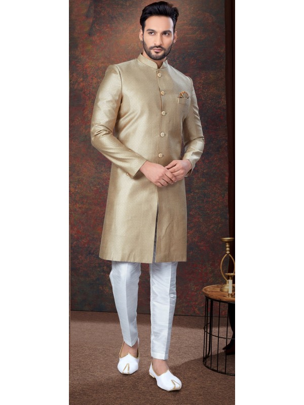 Jacquard IndoWestern Ready Made Dress in Gold Color  