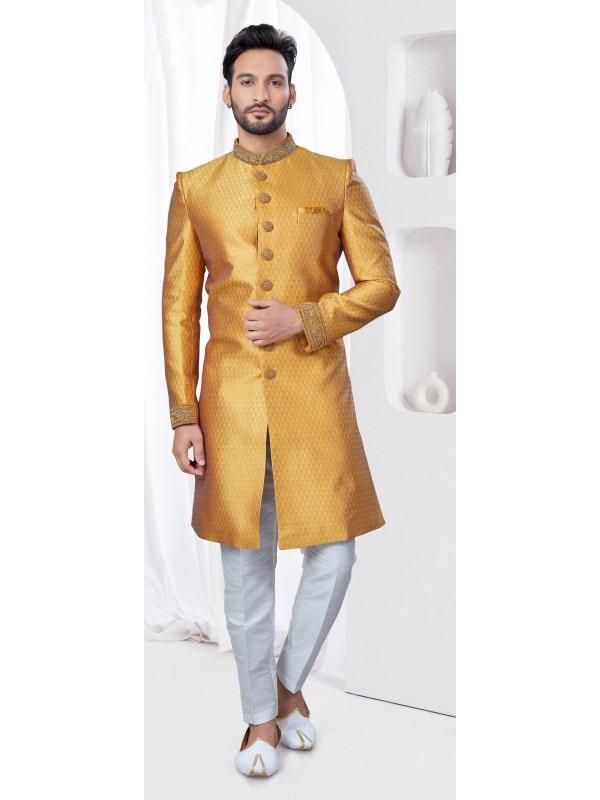 Jacquard IndoWestern Ready Made Dress in Mustard Color  