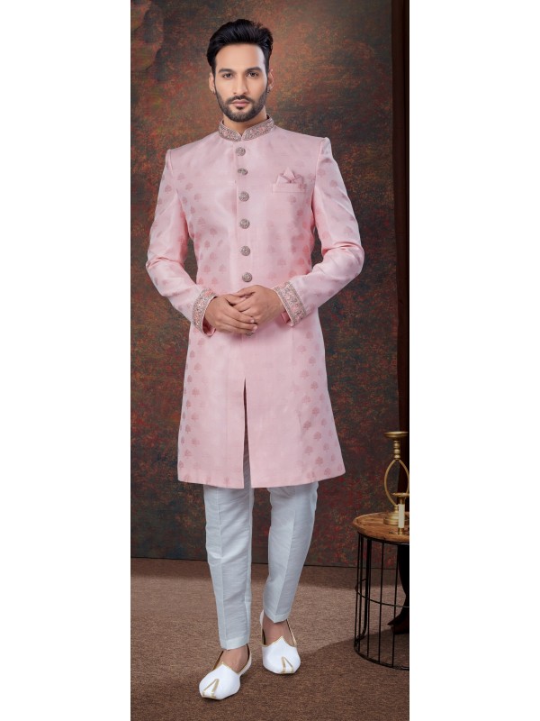 Jacquard IndoWestern Ready Made Dress in Pink Color  