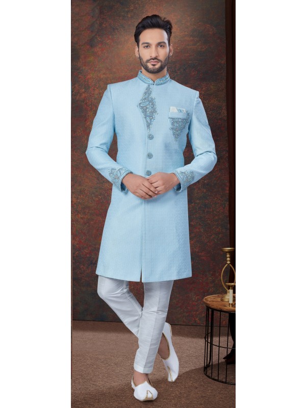 Jacquard IndoWestern Ready Made Dress in Sky Blue Color  