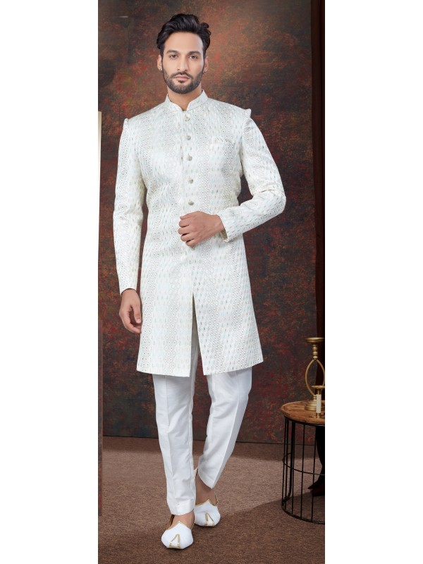 Jacquard IndoWestern Ready Made Dress in Cream Color  