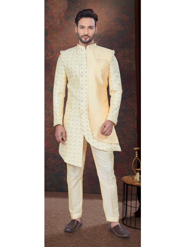 Jacquard IndoWestern Ready Made Dress in Gold Color  