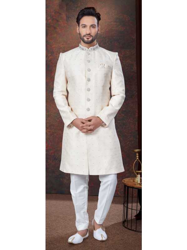 Jacquard IndoWestern Ready Made Dress in Cream Color  