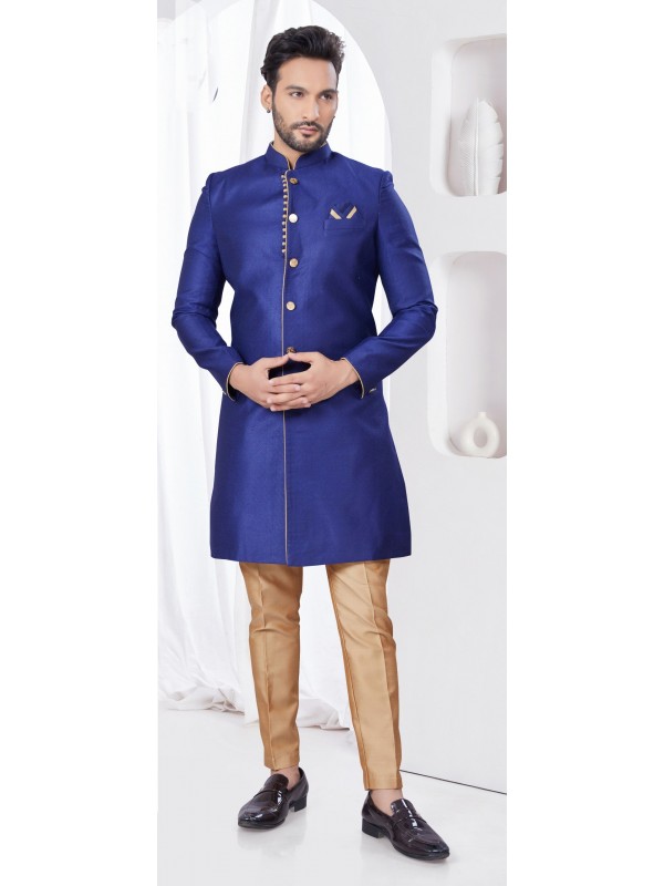Jacquard IndoWestern Ready Made Dress in Navy Blue Color  