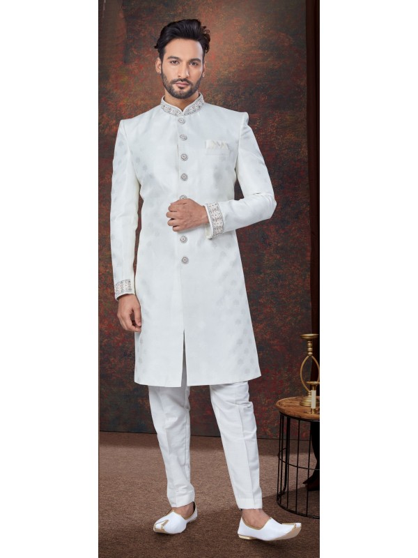 Jacquard IndoWestern Ready Made Dress in Off White Color  